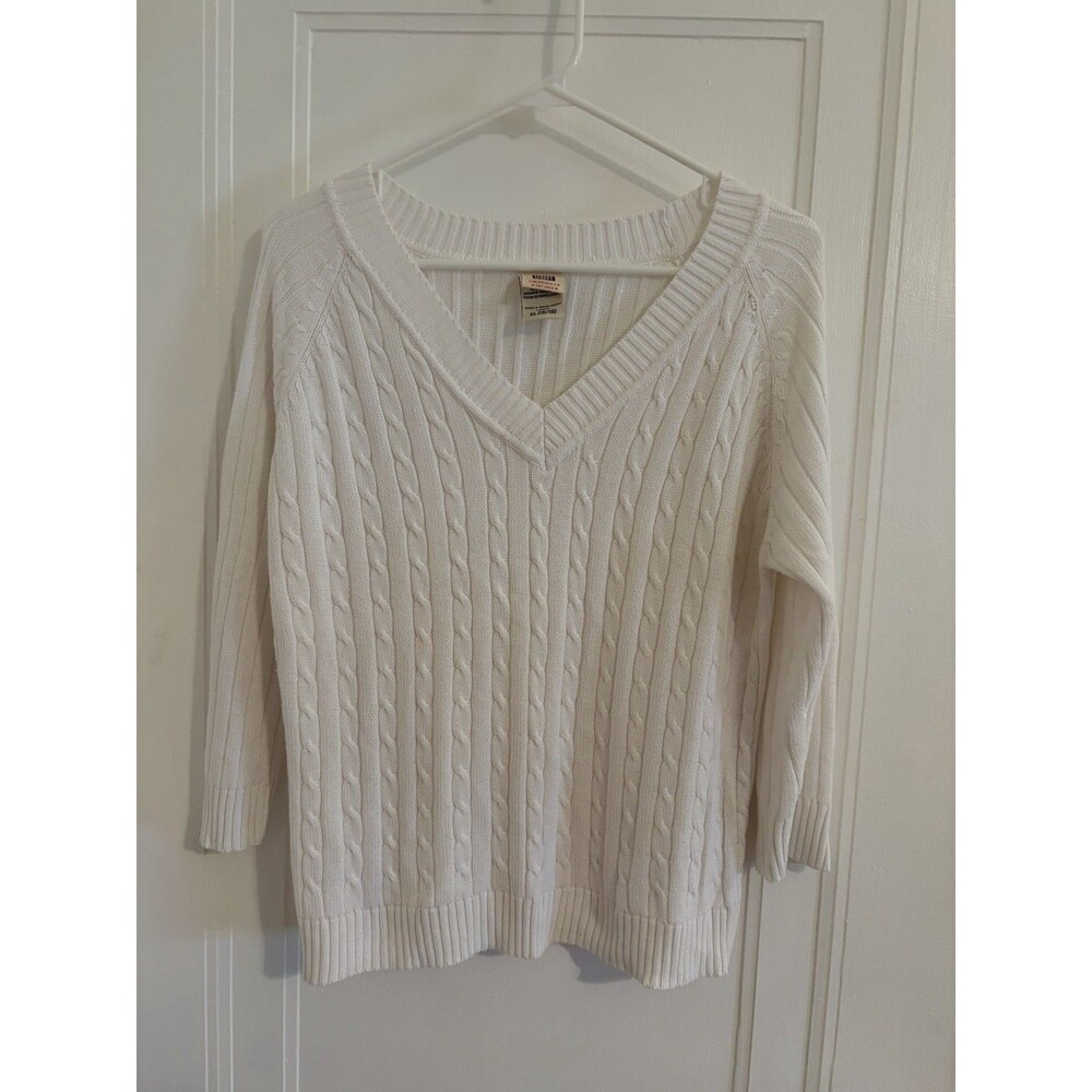 Faded Glory Women's White Cable-Knit V-Neck Pullover Sweater M 3/4 Sleeve
